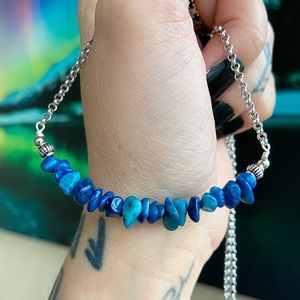 Genuine blue coral chips bar necklace stainless steel chain. Choker boho dainty